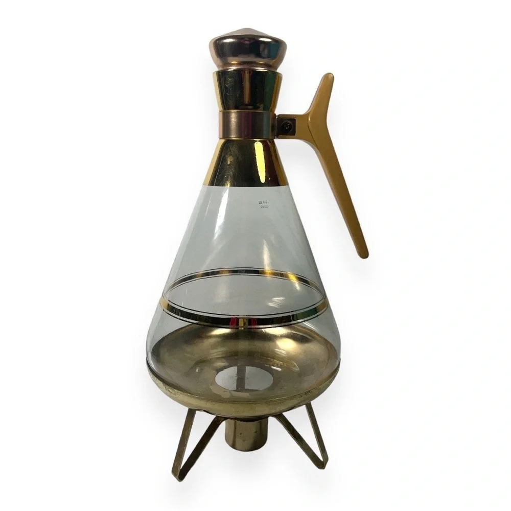 Inland‎ Brass Gold Glass Coffee Pot Carafe Candle Warmer Stand with Cork Stopper